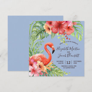 Convite Casamento de Flamingos e Hibiscus com Aquarela Tro