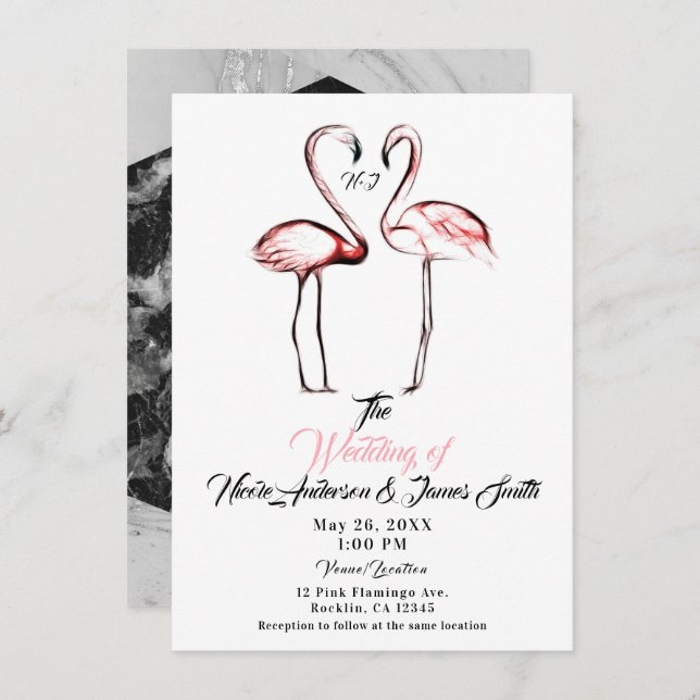 Convite Casamento de Flamingos Flamingo Black Marble, cor- (Frente/Verso)
