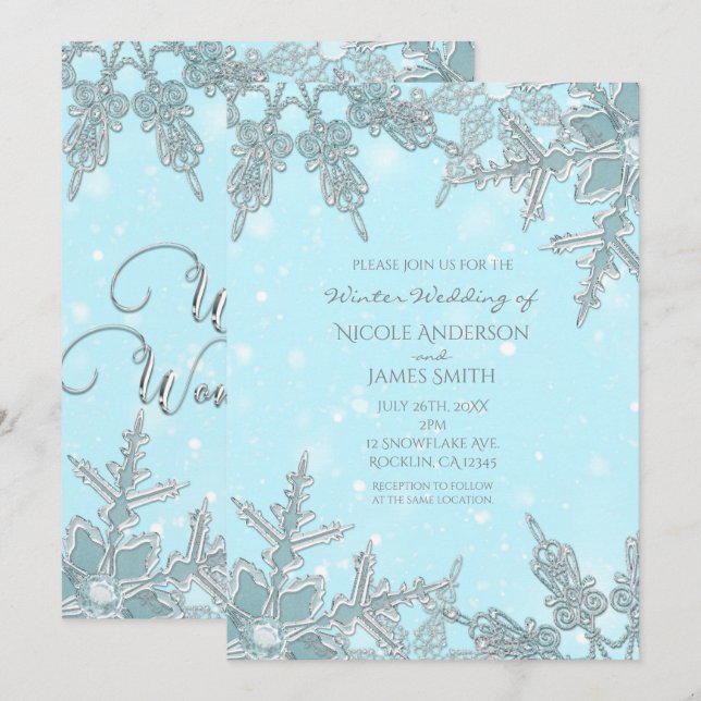 Convite Casamento de Flocos de Neve Elegantes Terra de Inv (Frente/Verso)