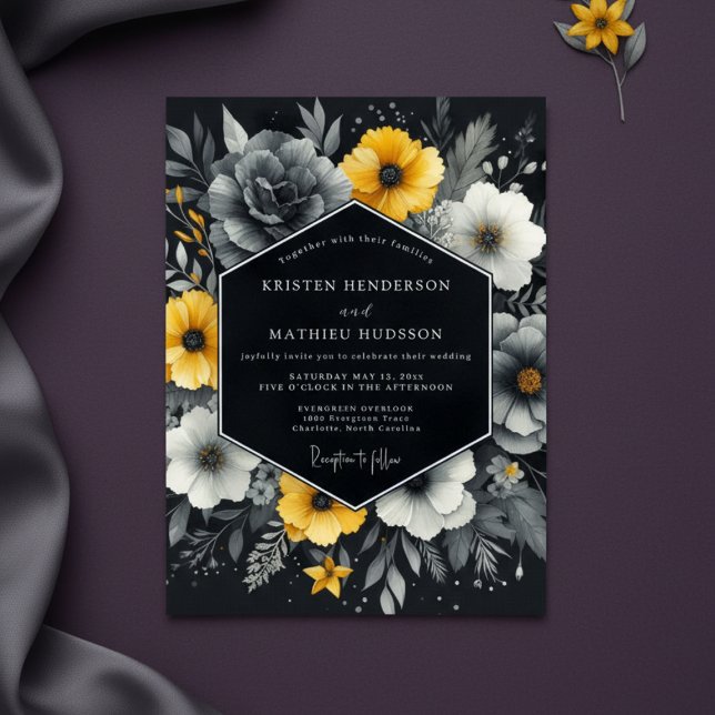Convite Casamento de Flor Amarela de Carvão (Criador carregado)