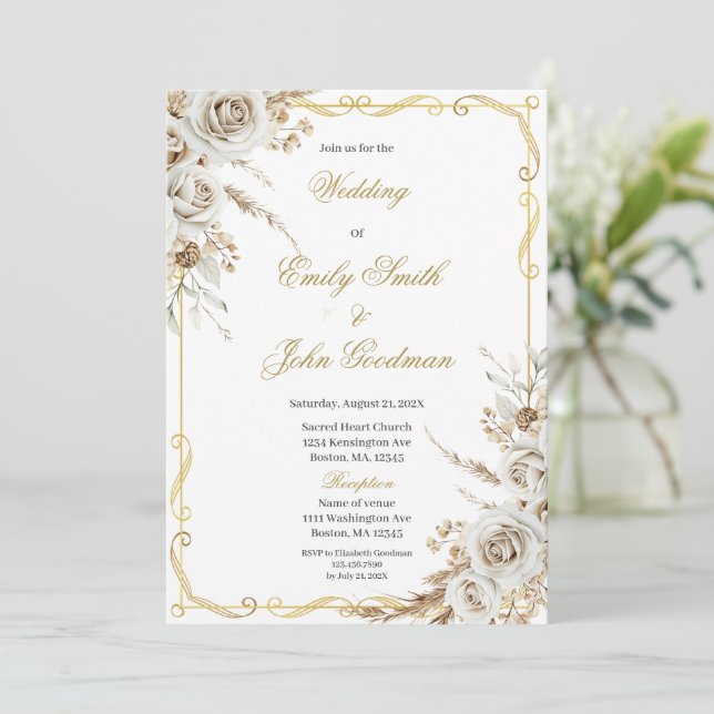 Convite Casamento de flor branca boho elegante (Em pé/Frente)