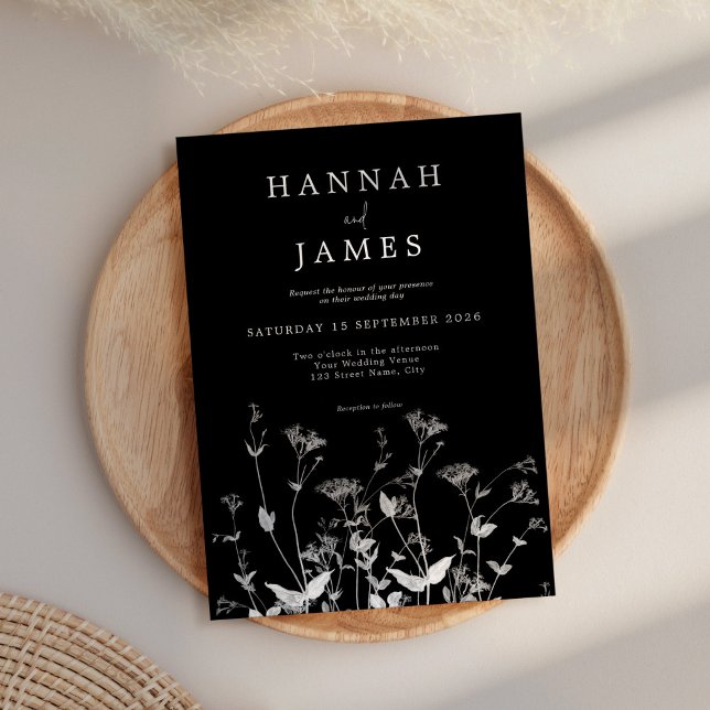 Convite Casamento de Flor Branca e Negra Simples (Criador carregado)