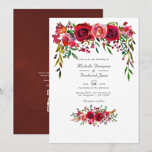 Convite Casamento de Flor Burgundy e Blush com RSVP Código (Frente/Verso)