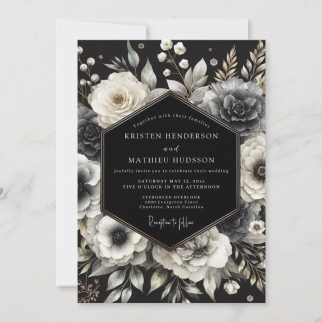 Convite Casamento de Flor Charcoal Opulenta (Frente)