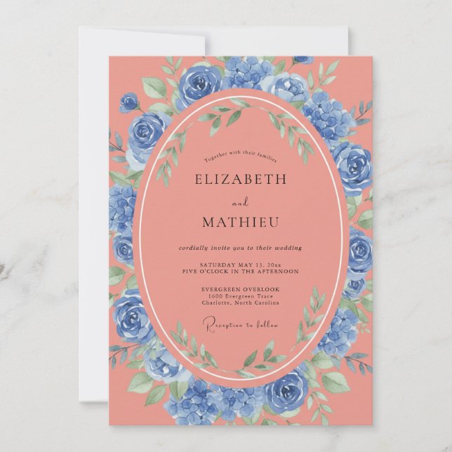 Convite Casamento de Flor Coral Azul (Frente)