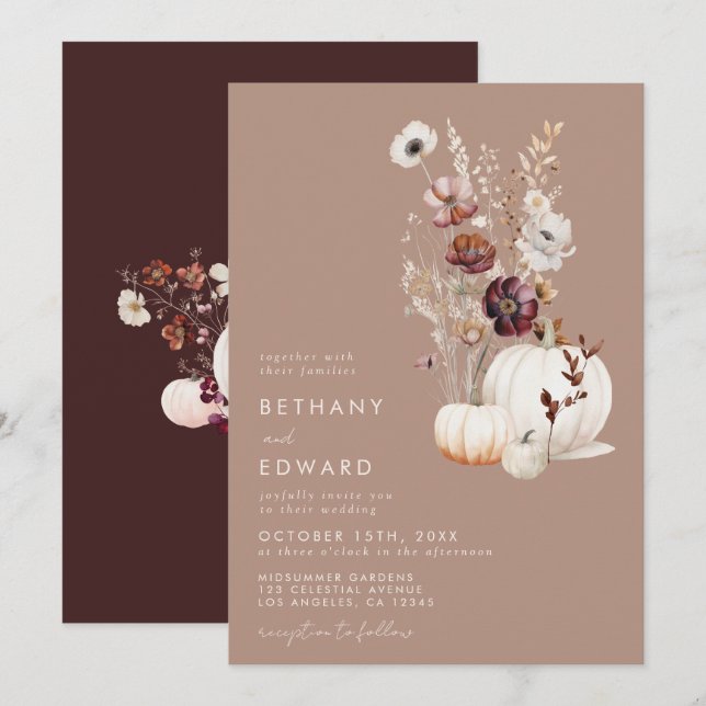 Convite Casamento de Flor de Abóbora Taupe de Outono Rústi (Frente/Verso)