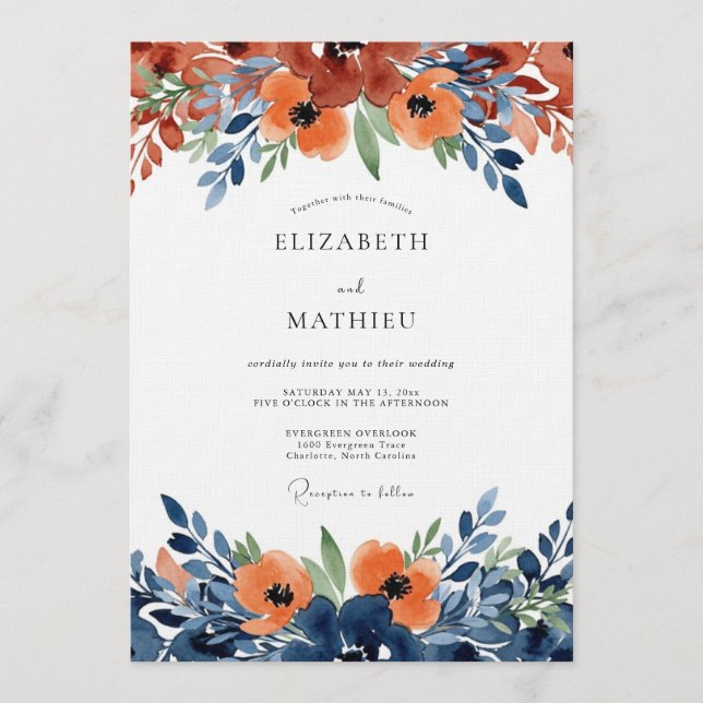 Convite Casamento de Flor de Aquarela Laranja Queimada (Frente)
