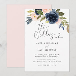 Convite Casamento de flor de aquarela Marinho