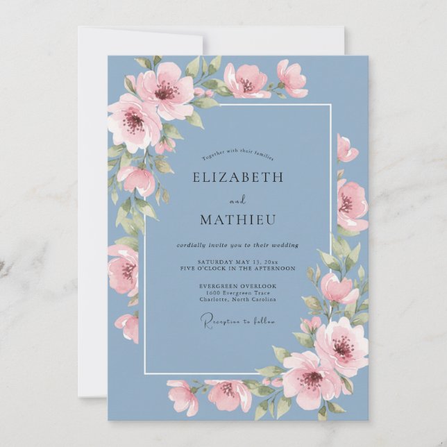 Convite Casamento de Flor de Blossom Pintada em Azul Empoe (Frente)