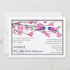 Convite Casamento de Flor de Cereja com Pássaro Rosa e Mar
