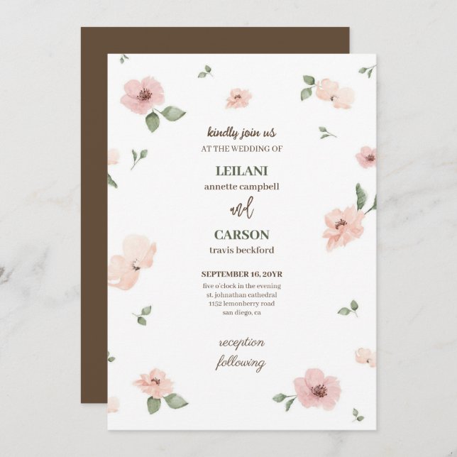 Convite Casamento de Flor de Cereja Marrom-escuro Elegante (Frente/Verso)