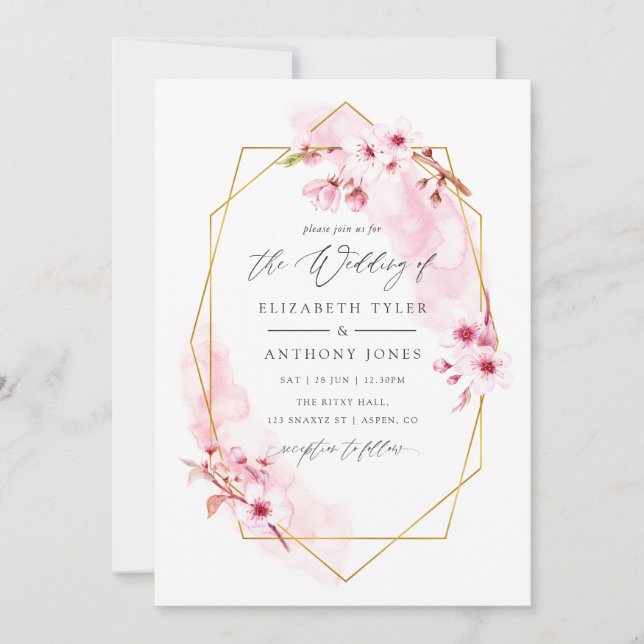 Convite Casamento de Flor de Cerejeira Geométrica Rosa Pri (Frente)