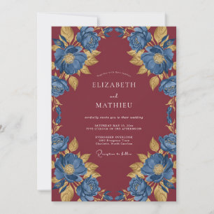 Convite Casamento de Flor de Eucalipto Cobalto Marrom