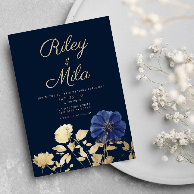 Convite Casamento de flor de folhagem de ouro azul-marinho (Elegant navy blue gold foliage flower Wedding)