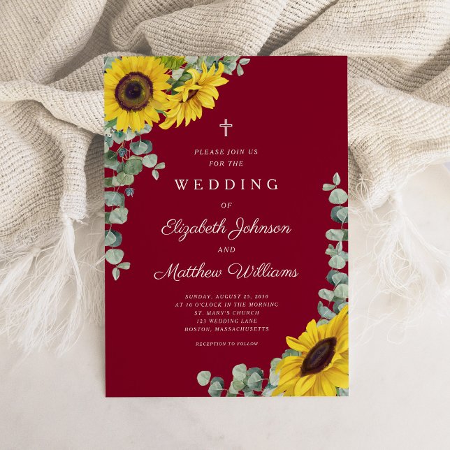Convite Casamento de Flor de Girassol da Cruz Religiosa (Religious Cross Burgundy Floral Sunflower Wedding Invitation)
