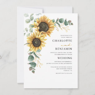 Convite Casamento de Flor de Girassol Eucalipto em Aquarel