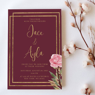 Convite Casamento de flor de hortelã-rosa, de ouro burgund