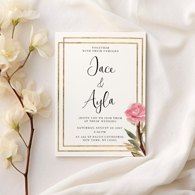 Convite Casamento de flor de menta rosa dourada branca geo (Geometric white gold pink mint flower Wedding )