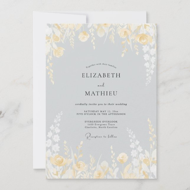 Convite Casamento de Flor de Ouro Pálido Prateado (Frente)