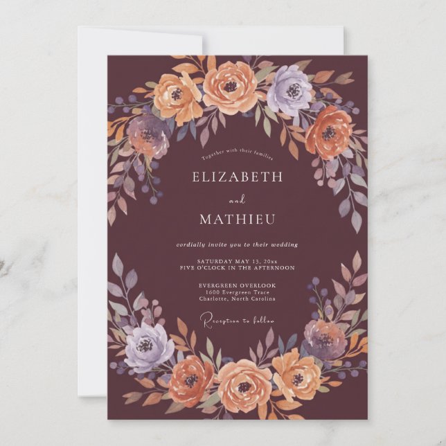 Convite Casamento de Flor de Outono Borgonha (Frente)