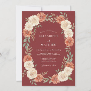 Convite Casamento de Flor de Outono Floral Borgonha