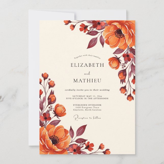 Convite Casamento de Flor de Outono Laranja (Frente)