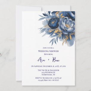 Convite Casamento de Flor de Peônia Azul Marinho e Dourado