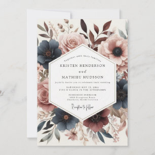 Convite Casamento de Flor de Rosa Empoeirada e Azul Teal P
