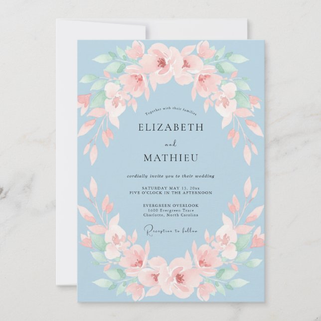 Convite Casamento de Flor de Seda Azul Empoeirada (Frente)