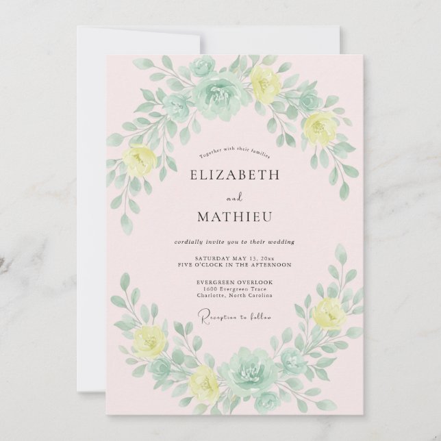 Convite Casamento de Flor de Seda Verde-Menta (Frente)