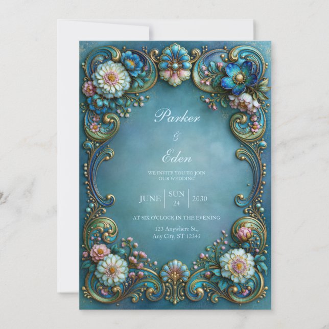 Convite Casamento de Flor de Turquesa Filigrana (Frente)