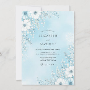Convite Casamento de Flor Desabrochada Azul Céu Delicada