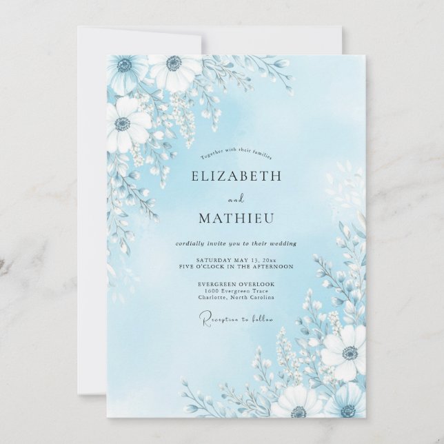 Convite Casamento de Flor Desabrochada Azul Céu Delicada (Frente)