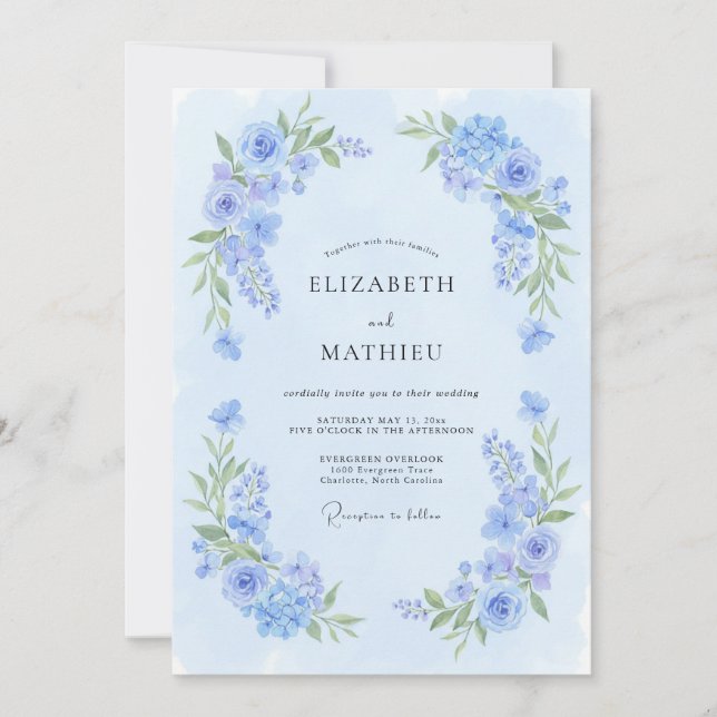 Convite Casamento de Flor Desabrochada Azul Pó (Frente)