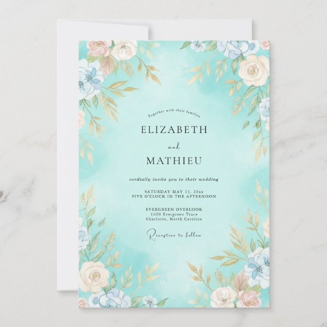 Convite Casamento de Flor Desenhada em Aqua (Frente)