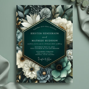 Convite Casamento de Flor Exuberante em Azul Teal Profundo