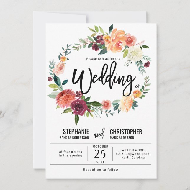 Convite Casamento de Flor Floral com Blush de outono (Frente)