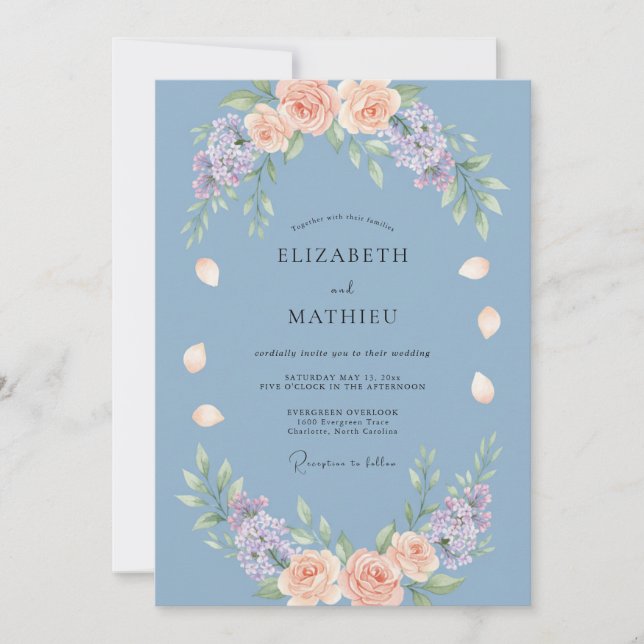 Convite Casamento de Flor Gentil Azul Empoeirado (Frente)