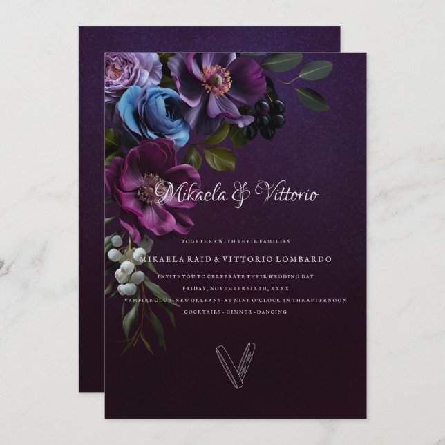 Convite Casamento de Flor Gótica Escura Elegante (Frente/Verso)