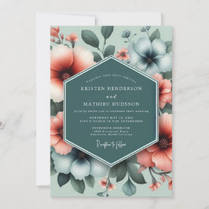 Convite Casamento de Flor Opulenta Coral Verde Água