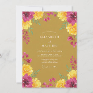 Convite Casamento de Flor Pintada de Mostarda Magenta