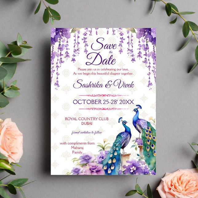 Convite Casamento de flor púrpura da Índia, salvar a data (Purple peacock Indian wedding save the date card editable template digital download lilac jasmine)