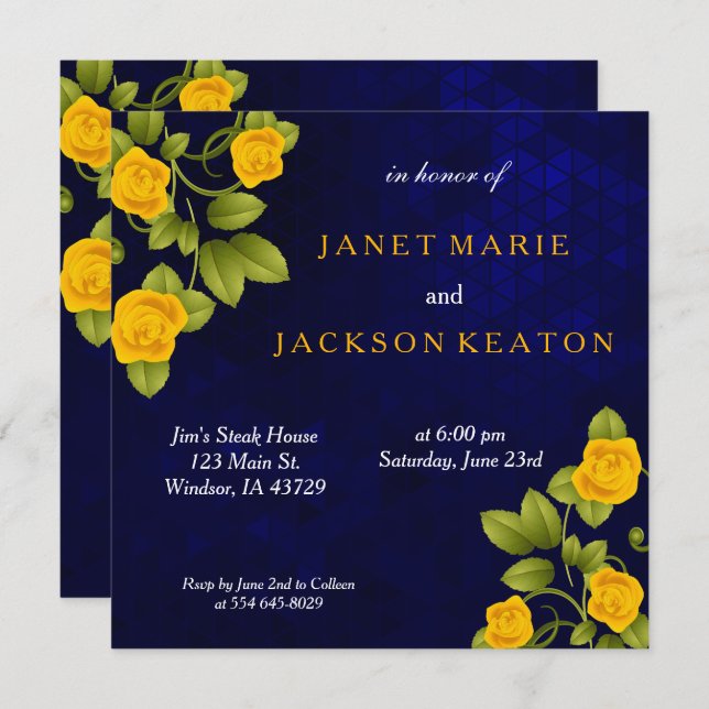 Convite Casamento de Flor Rosa Amarelo-Escuro-Azul-Marigol (Frente/Verso)