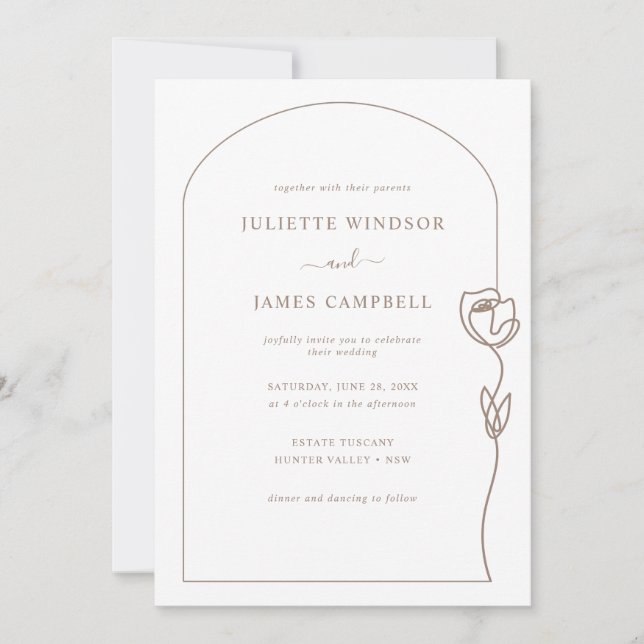 Convite Casamento de Flor Rosa de Desenho de Linha (Frente)