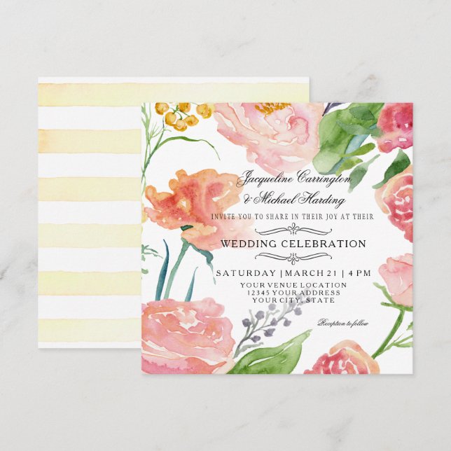 Convite Casamento de Flor Rosa Floral de Modern Watercolor (Frente/Verso)