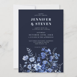 Convite Casamento de flor selvagem azul-Marinho monocromát