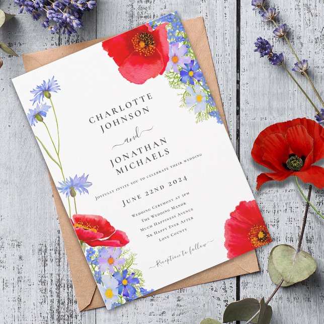 Convite Casamento de Flor Selvagem Azul Moderno (Colorful wildflower boho chic wedding invitation )
