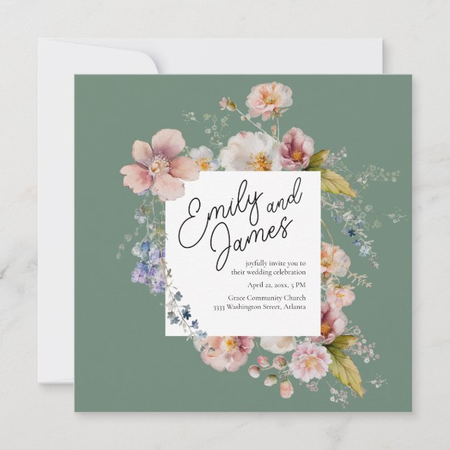 Convite Casamento de Flor Selvagem do Jardim Verde Elegant (Frente)