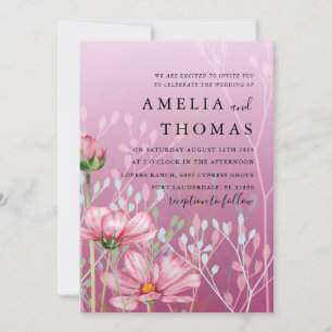 Convite Casamento de flor selvagem e folhagem, cor-de-rosa