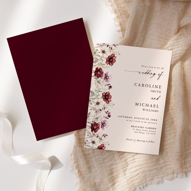 Convite Casamento de Flor Selvagem Moderna Burgundy (Criador carregado)